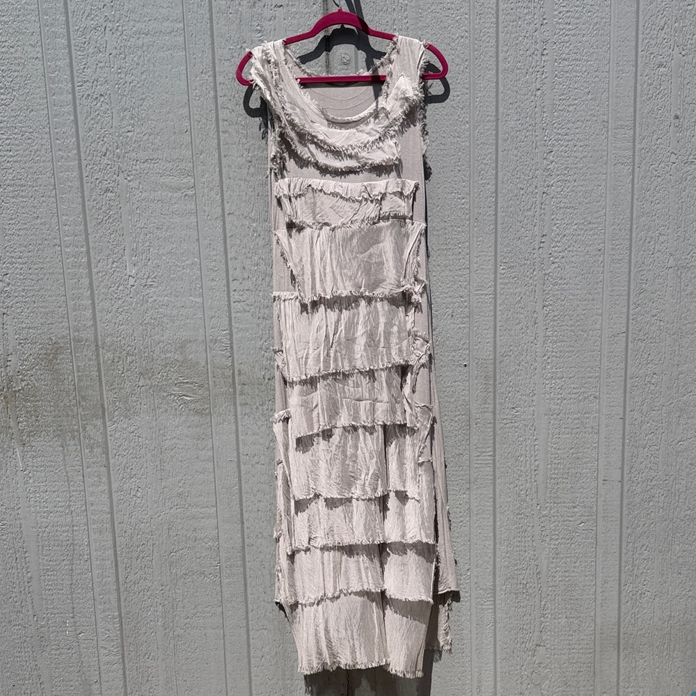 Meo Meli Sleeveless Gray Ruffle Layer Italian Silk Maxi Dress